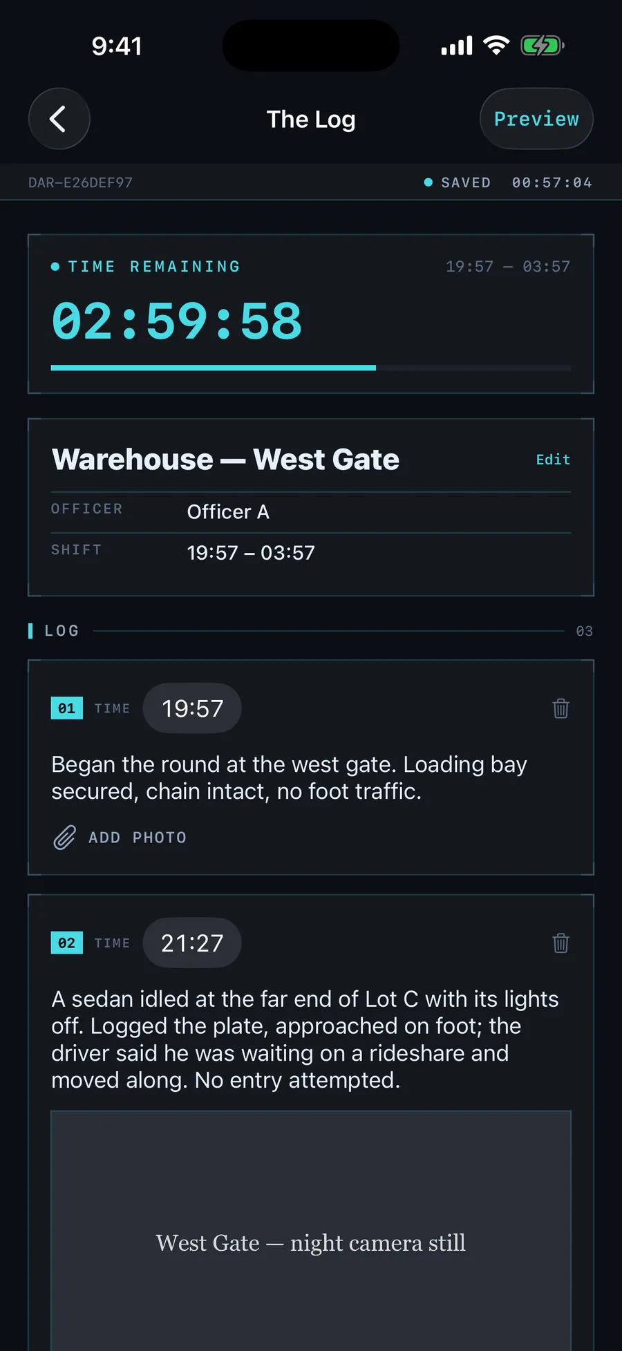 SAYF live shift log showing a countdown clock and timestamped entries